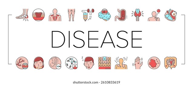 Disease Human Problem Collection Icons Set Vector. Epithelial Tissue And Toxoplasmosis, Ear Surgery And Cellulite, Skin Itch And Lymphoma Disease Concept Linear Pictograms. Contour Illustrations