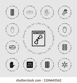 Disease icon. collection of 13 disease filled and outline icons such as eye test, pill, heart organ, x ray, arm rash. editable disease icons for web and mobile.