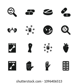 Disease icon. collection of 16 disease filled icons such as ribbon, sick emot, pill, bacteria, heart organ, kidney, x ray. editable disease icons for web and mobile.