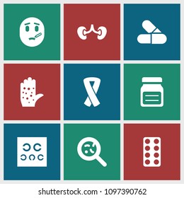 Disease icon. collection of 9 disease filled icons such as pill, bacteria, kidney, eye test, ribbon, sick emot, medicine. editable disease icons for web and mobile.