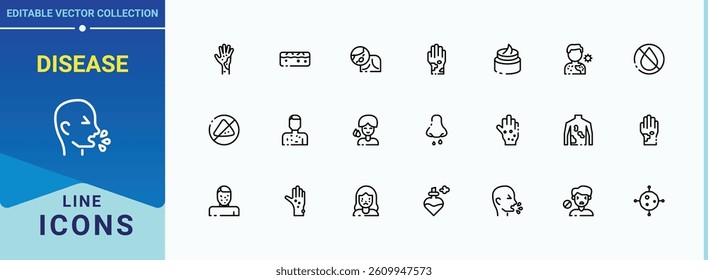 Disease icon pack. Contain linear sign asthma, allergic and more. Allergy simple icon set. UI icons set in a thin style. Signs for web and mobile app.