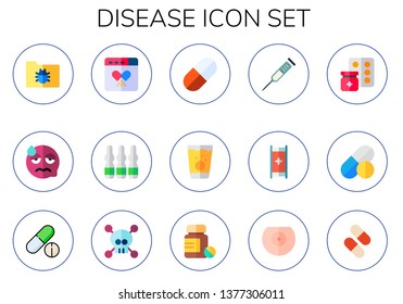 disease icon set. 15 flat disease icons.  Simple modern icons about  - virus, sick, drug, ampoule, pill, medicine, syringe, stretcher, drugs, pills, breast