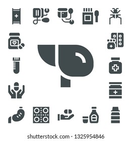 disease icon set. 17 filled disease icons.  Simple modern icons about  - Stretcher, Pills, Vial, Liver, Pill, Medicine, Drugs, Drug, Stomach, Blood pressure, Sphygmomanometer
