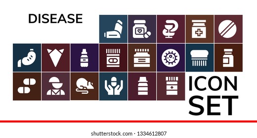 disease icon set. 19 filled disease icons.  Collection Of - Inhaler, Stomach, Pills, Mental disorder, Rat, Pill, Syrup, Medicine, Handkerchief, Bacteria, Flea, Pharmacy