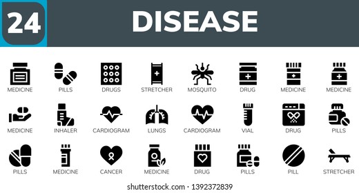 disease icon set. 24 filled disease icons.  Simple modern icons about  - Medicine, Pills, Drugs, Stretcher, Mosquito, Drug, Inhaler, Cardiogram, Lungs, Vial, Cancer, Pill