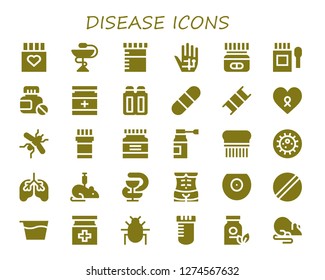 disease icon set. 30 filled disease icons. Simple modern icons about  - Drug, Pharmacy, Urine, Radiography, Medicine, Pills, Suppositories, Pill, Stretcher, Cancer, Mosquito