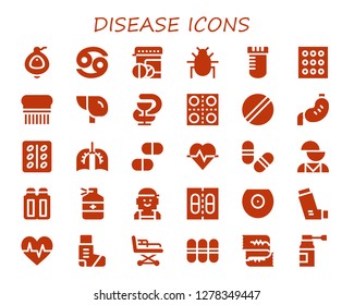  disease icon set. 30 filled disease icons. Simple modern icons about  - Urinal, Cancer, Pills, Parasite, Vial, Drugs, Flea, Liver, Pharmacy, Pill, Stomach, Lungs, Cardiogram