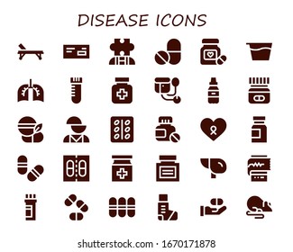 disease icon set. 30 filled disease icons. Included Stretcher, Medicine, Autism, Pills, Syrup, Lungs, Vial, Drugs, Sphygmomanometer, Mental disorder, Pill, Cancer, Liver icons