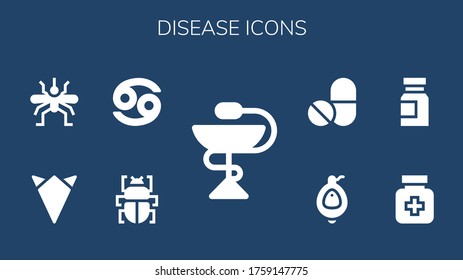 conjunto de iconos de la enfermedad. 9 íconos de la enfermedad. Incluye farmacia, flores, cáncer, pañuelo, mosquito, medicamentos, medicamentos, orina, íconos de las píldoras