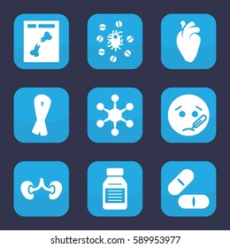 disease icon. Set of 9 disease filled icons such as ribbon, sick emot, pill, heart organ, kidney, x ray, medicine, virus and pills