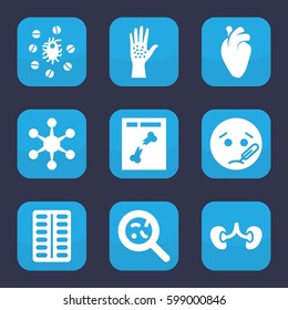 disease icon. Set of 9 filled disease icons such as sick emot, pill, bacteria, heart organ, kidney, x ray, virus and pills, arm rash