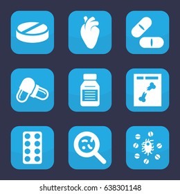Disease icon. set of 9 filled disease icons such as pill, bacteria, heart organ, x ray, medicine