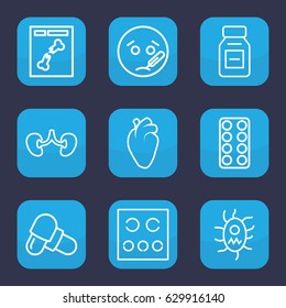 Disease icon. set of 9 outline disease icons such as pill, heart organ, kidney, x ray, eye test, medicine, virus and pills