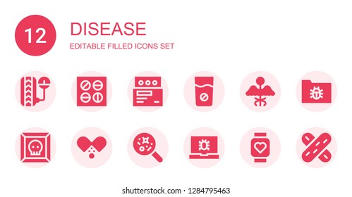 disease icon set. Collection of 12 filled disease icons included Pressure, Pills, Medicine, Virus, Disease, Pulsometer, Tongue depressor
