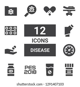 disease icon set. Collection of 12 filled disease icons included Medicine, Pes, Pressure, Inhalator, Virus, Stretcher, Pills