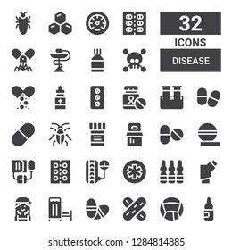 disease icon set. Collection of 32 filled disease icons included Ampoule, Medicine, Tongue depressor, Pills, Medical room, Checker, Inhalator, Pharmacy, Pressure, Drug, Blood pressure
