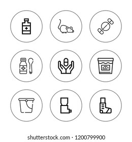Disease icon set. collection of 9 outline disease icons with bucket, inhaler, pill, pills, rat, syrup icons. editable icons.