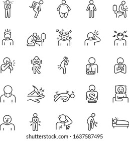 Disease, icon set. Health conditions, sickness. Various symptoms of body disorders, medical signs, diagnosis linear icons. Line with editable stroke