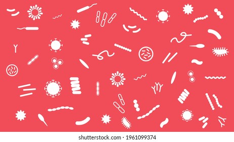 Disease icon set including bacteria, virus, cell, bug, and other microscopic microorganisms. Coronavirus cell, epidemic and pandemic concept. Covid19