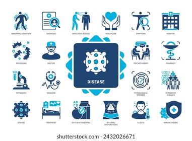 Disease icon set. Pathogens, Diagnosis, Illness, Treatment, Pathology, Abnormal Condition, Symptoms, Hospital. Duotone color solid icons