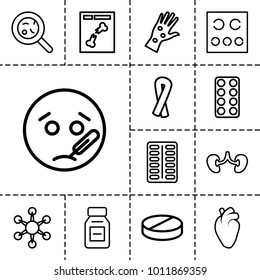 Disease icons. set of 13 editable outline disease icons such as ribbon, sick emot, pill, bacteria, heart organ, kidney, x ray, eye test, medicine, arm rash