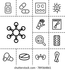 Disease icons. set of 13 editable outline disease icons such as ribbon, pill, bacteria, kidney, x ray, eye test, medicine, virus and pills, arm rash
