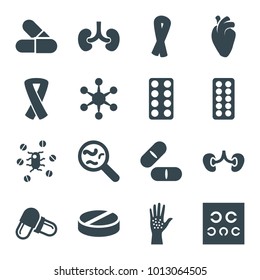 Disease icons. set of 16 editable filled disease icons such as ribbon, pill, heart organ, kidney, eye test, arm rash, virus, bacteria