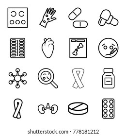 Disease icons. set of 16 editable outline disease icons such as ribbon, sick emot, pill, bacteria, heart organ, kidney, x ray, eye test, medicine, arm rash