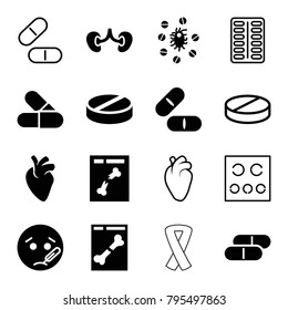 Disease icons. set of 16 editable filled and outline disease icons such as sick emot, pill, kidney, x ray, virus and pills, heart organ, eye test