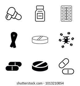 Disease icons. set of 9 editable filled and outline disease icons such as ribbon, pill, medicine