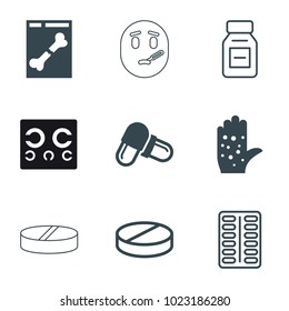 Disease icons. set of 9 editable filled and outline disease icons such as pill, medicine, x ray, sick emot, eye test