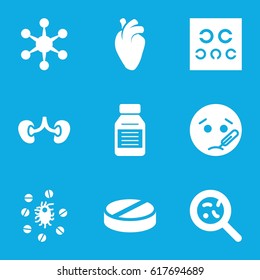 Disease icons set. set of 9 disease filled icons such as sick emot, pill, bacteria, heart organ, kidney, eye test, medicine, virus and pills