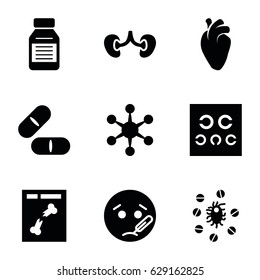 Disease icons set. set of 9 disease filled icons such as sick emot, pill, heart organ, kidney, x ray, eye test, medicine, virus and pills