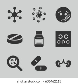 Disease icons set. set of 9 disease filled icons such as sick emot, pill, bacteria, kidney, eye test, medicine, virus and pills