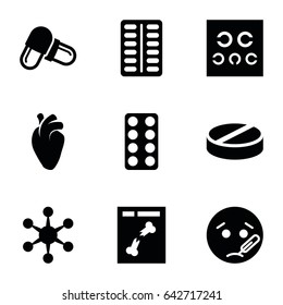 Disease icons set. set of 9 disease filled icons such as sick emot, pill, heart organ, x ray, eye test