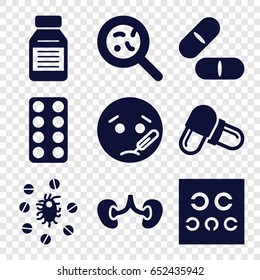 Disease icons set. set of 9 disease filled icons such as sick emot, pill, bacteria, kidney, eye test, medicine