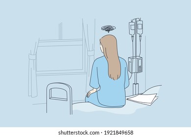 Disease, illness, hospital concept. Back view of lonely young woman sitting on bed in hospital feeling depressed with body check result paper besides in clinic vector illustration 