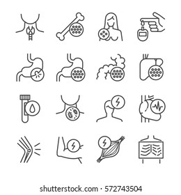 Disease, Illness And Sickness Line Icon Set. Included The Icons As Muscle, Pain, Broken, Bleeding, Sore Throat, Migraine And More.
