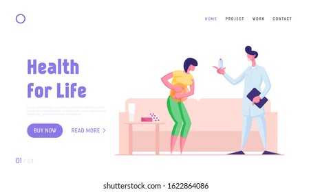 Disease And Illness Website Landing Page. Young Diseased Woman With Abdominal Pain In Stomach Call To Home Doctor Service For Medicine Pills Treatment Web Page Banner. Cartoon Flat Vector Illustration