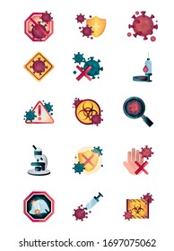 disease infection outbreak pandemic stop coronavirus covid 19 icons set vector illustration