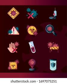 disease infection outbreak pandemic stop coronavirus covid 19 icons set vector illustration