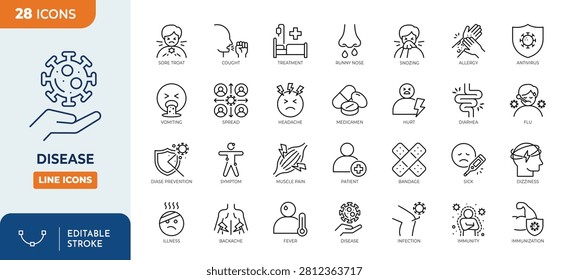 Disease line editable icon set. Containing infection, disease, inflammation, symptom, pain, health and more. Editable stroke. Vector illustration