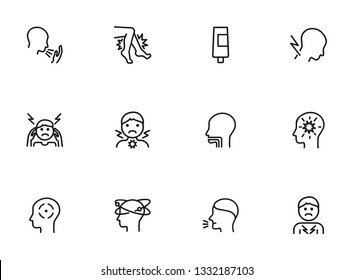 Disease line icon set. Coughing, heavy legs, head ache. Health care concept. Can be used for topics like illness, symptoms, flu, cold
