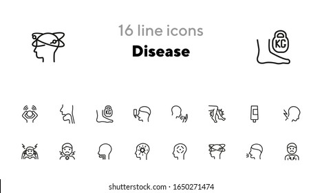 Juego de iconos de línea de enfermedades. Tos, piernas pesadas, dolor de cabeza. Concepto de atención de la salud. Puede usarse para temas como enfermedad, síntomas, gripe, resfriado