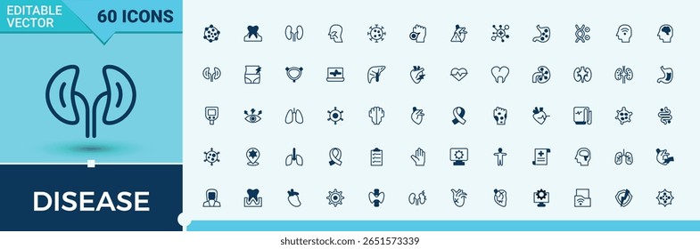 Conjunto de iconos de línea de enfermedad. Con alergia, síntomas, medicina, salud, atención médica y más. Iconos de estilo lineal delgado. Conjunto de iconos de cuidado. Línea de Vector e iconos sólidos. Píxel perfecto.
