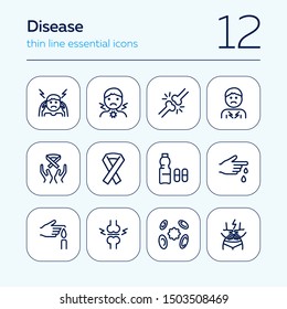 Disease line icon set. Set of line icons on white background. Health care concept. Band, bone break, pain. Vector illustration can be used for topics like medicine, drugs, hospital