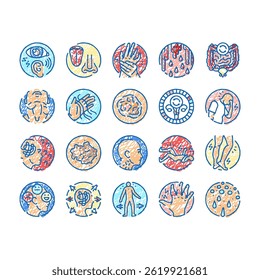 disease medical health doodle icons set vector. symptom medical hospital, care doctor, heart, patient pharmacy, human treatment disease medical health sketch hand drawn