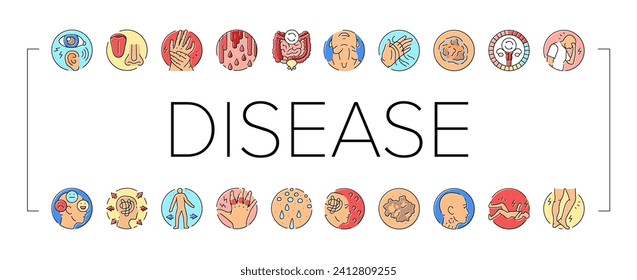 disease medical health icons set vector. symptom medical hospital, care doctor, heart, patient pharmacy, human treatment disease medical health color line illustrations