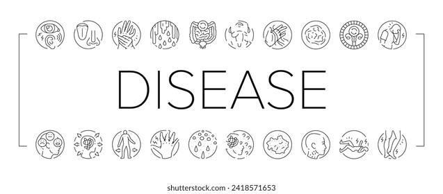 Symbole für krankheitsmedizinische Gesundheit setzen Vektorgrafik. Symptommedizinisches Krankenhaus, Pflegearzt, Herz, Patientenapotheke, Krankheits-krankheits-Medizin Medizin SchwarzzeilIllustrationen