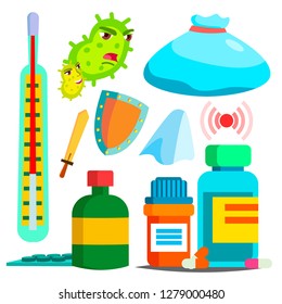Disease, Medication Vector. Hospital Pharmacy Set. Drug Store. Isolated Flat Cartoon Illustration